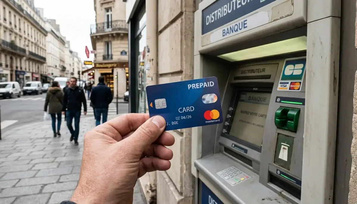 Carte Mastercard prépayée tenue devant un distributeur automatique de billets français en milieu urbain