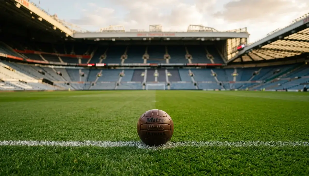 Ballon de football posé sur la ligne médiane d'un stade vide de football professionnel avec gradins et pelouse verte visibles