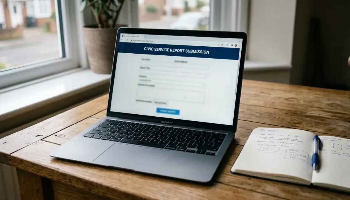 Ordinateur portable affichant une page de formulaire de signalement en ligne, avec un carnet de notes et un stylo posés à côté